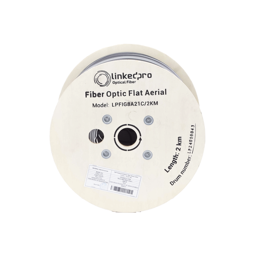 Carrete de 2 km de Fibra Óptica Aérea Mini Figura 8 G.657A2 tipo Drop Plana, Monomodo de 1 Hilo Color Negro