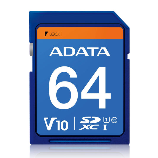 Memoria SD (SDXC) 64GB ADATA CLASE 10 (V10), Velocidad hasta 100MB/25MB por seg.  ASDX64GUICL10-R