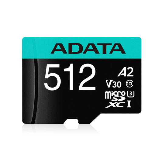 Micro Secure Digital A2 (V30)  ADATA Premier Pro, 512 GB, 100 MB/s, 85 MB/s, Negro/Verde, Clase 10