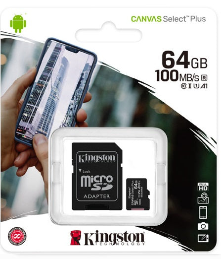 MEMORIA MICROSD KINGSTON CANVAS SELCT PLUS 64GB R.100MB/S CL10 UHS-I U1 V10 A1