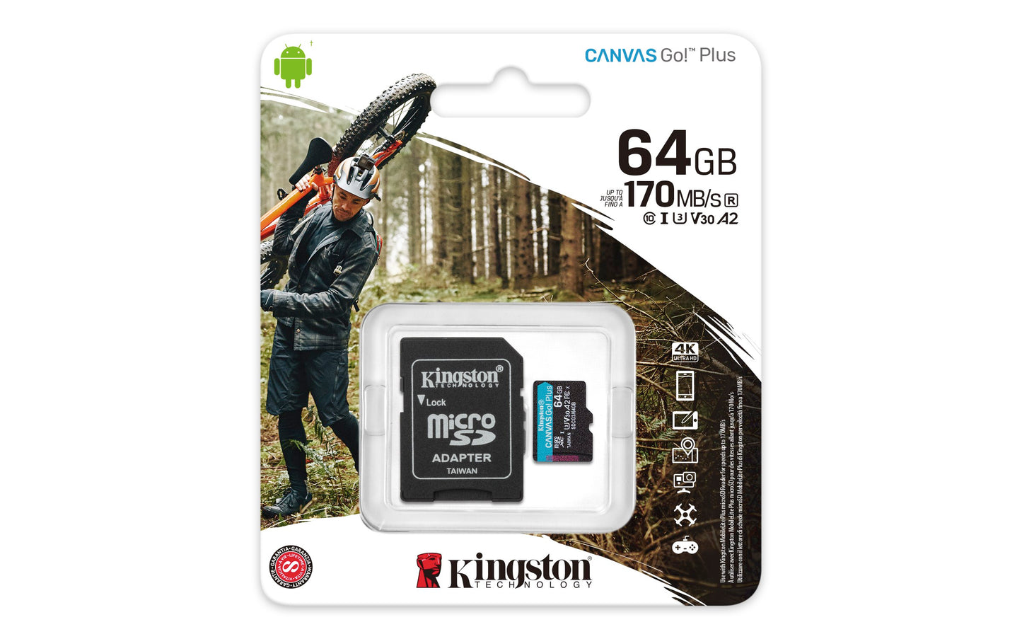 MEMORIA MICROSD KINGSTON CANVAS GO! PLUS 64GB R.170MB/S W.70MB/S CL10 UHS-I U3 V30 A2