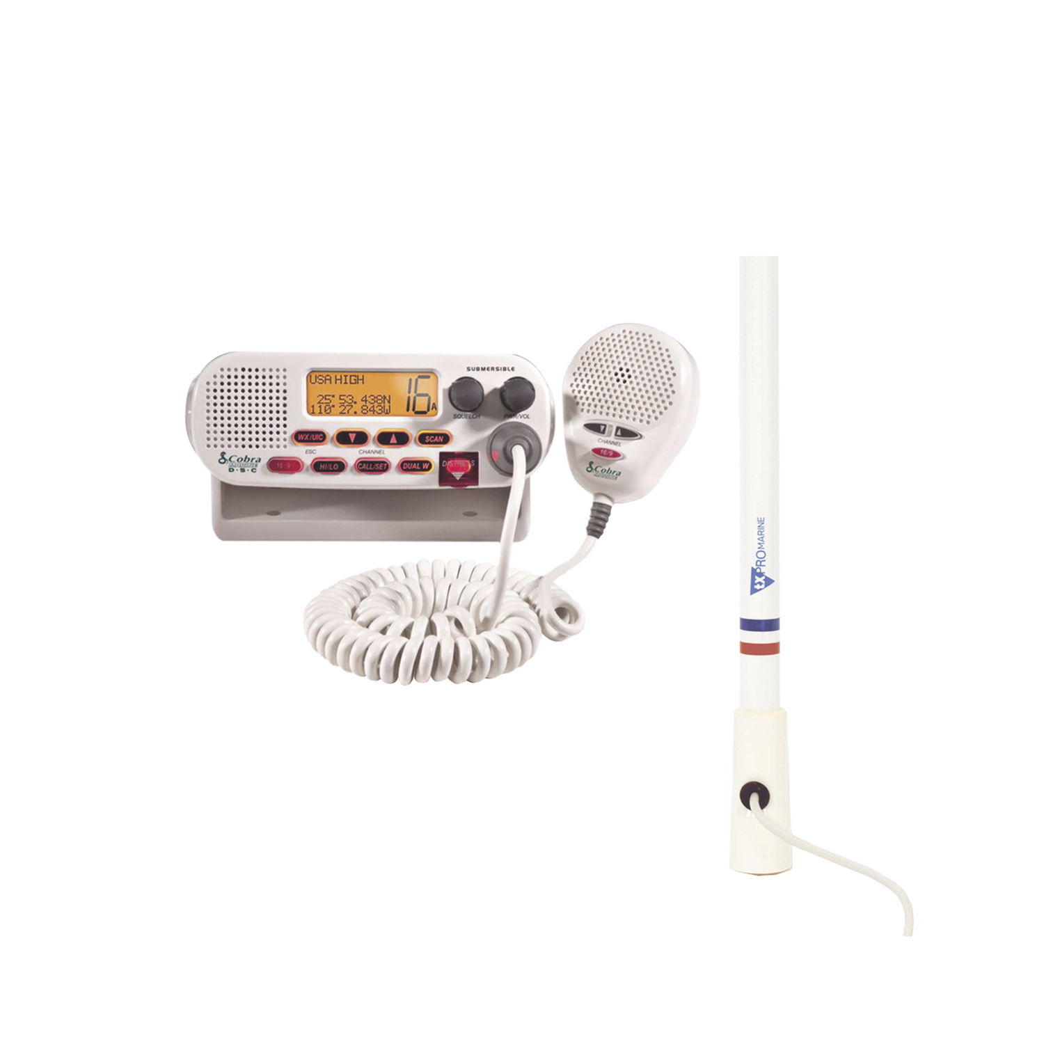 Kit de radio MRF45D | mas antena marina de fibra de vidrio TX-5206-SYS y soporte para antena 4186 | COBRA