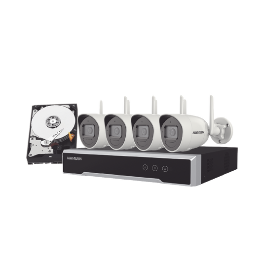 Kit IP Inalámbrico 4 Megapixel / NVR 4 Canales / 4 Cámaras Bala para Exterior / 1 HDD de 1 TB / Modo Repetidor | HIKVISI