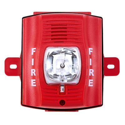 Sirena con LÃ¡mpara EstroboscÃ³pica / para Exterior / a 2 Hilos / Montaje en Pared / 12 o 24 Vcd / ConfiguraciÃ³n EstroboscÃ³pica Seleccionable / Texto en InglÃ©s / Incluye Caja de Montaje / Color Rojo