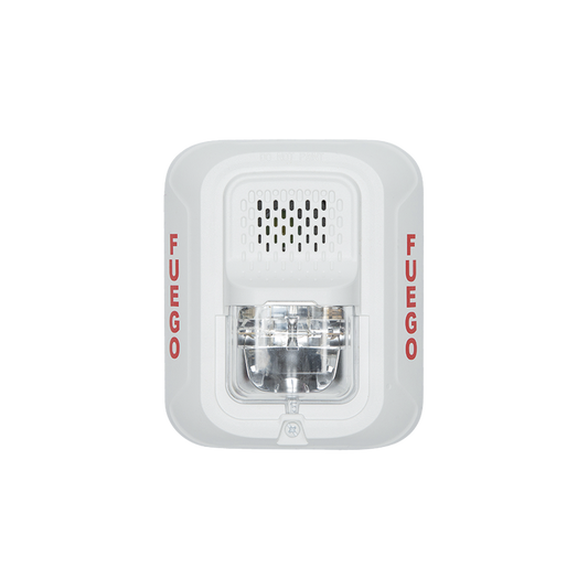 Sirena con Lámpara Estroboscópica a 2 Hilos, Montaje en Pared, Color Blanco, Configuración Estroboscópica Seleccionable y Texto en Español, Nuevo Diseño Moderno y Elegante y Menor Consumo de Corriente