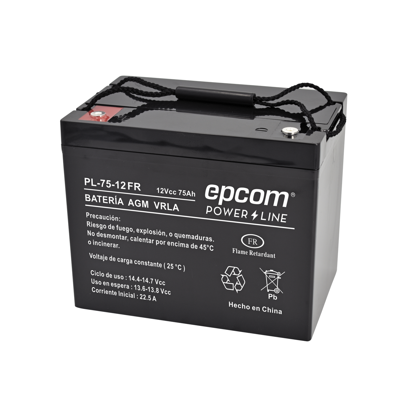 Batería 12 Vcc / 75 Ah / UL / Tecnología AGM-VRLA / Retardante a la flama/ Uso en: Aplicaciones fotovoltaicas / Terminales tipo M6 / Cargador recomendado CHR-250.