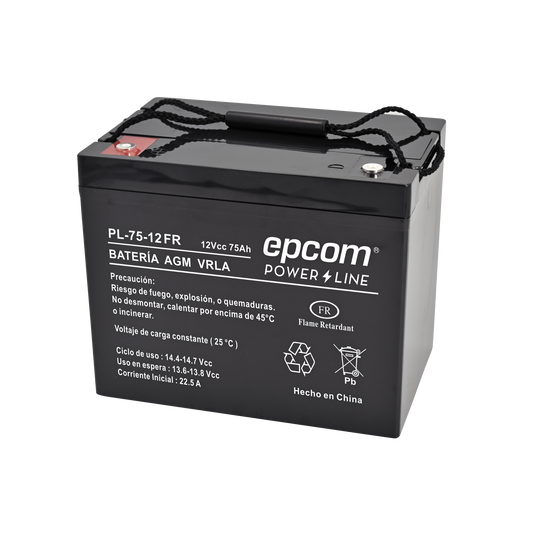 Batería 12 Vcc / 75 Ah / UL / Tecnología AGM-VRLA / Retardante a la flama/ Uso en: Aplicaciones fotovoltaicas / Terminales tipo M6 / Cargador recomendado CHR-250.