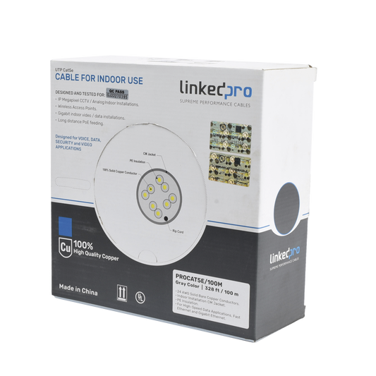 Cable Cat5e de alto rendimiento, con certificaciones ETL, UL, color gris, de 100 m ( 328 ft ) para aplicaciones en CCTV,