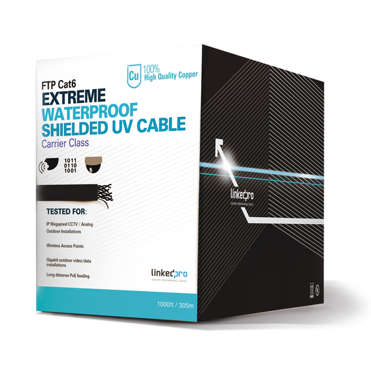 Bobina de cable de 305 Metros Cat6+ CALIBRE 23 Exterior Blindado tipo FTP para CLIMAS EXTREMOS, UL, color Negro, | LINKE