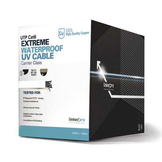 Bobina de cable UTP 305 Metros Cat6, Calibre 23, CLIMAS EXTREMOS, Color blanco, sin blindar, para intemperie | LINKEDPRO