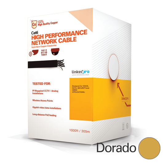 Bobina de cable de 305 metros de cable Cat6 de alto desempeño; color Dorado, super flexible, UL , para aplicaciones de C
