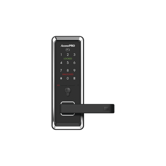 Cerradura inteligente con teclado Touch Screen, Apertura con tarjeta Mifare /ContraseÃ±a y Llave de emergencia de diseÃ±o compacto para puertas de perilla simple