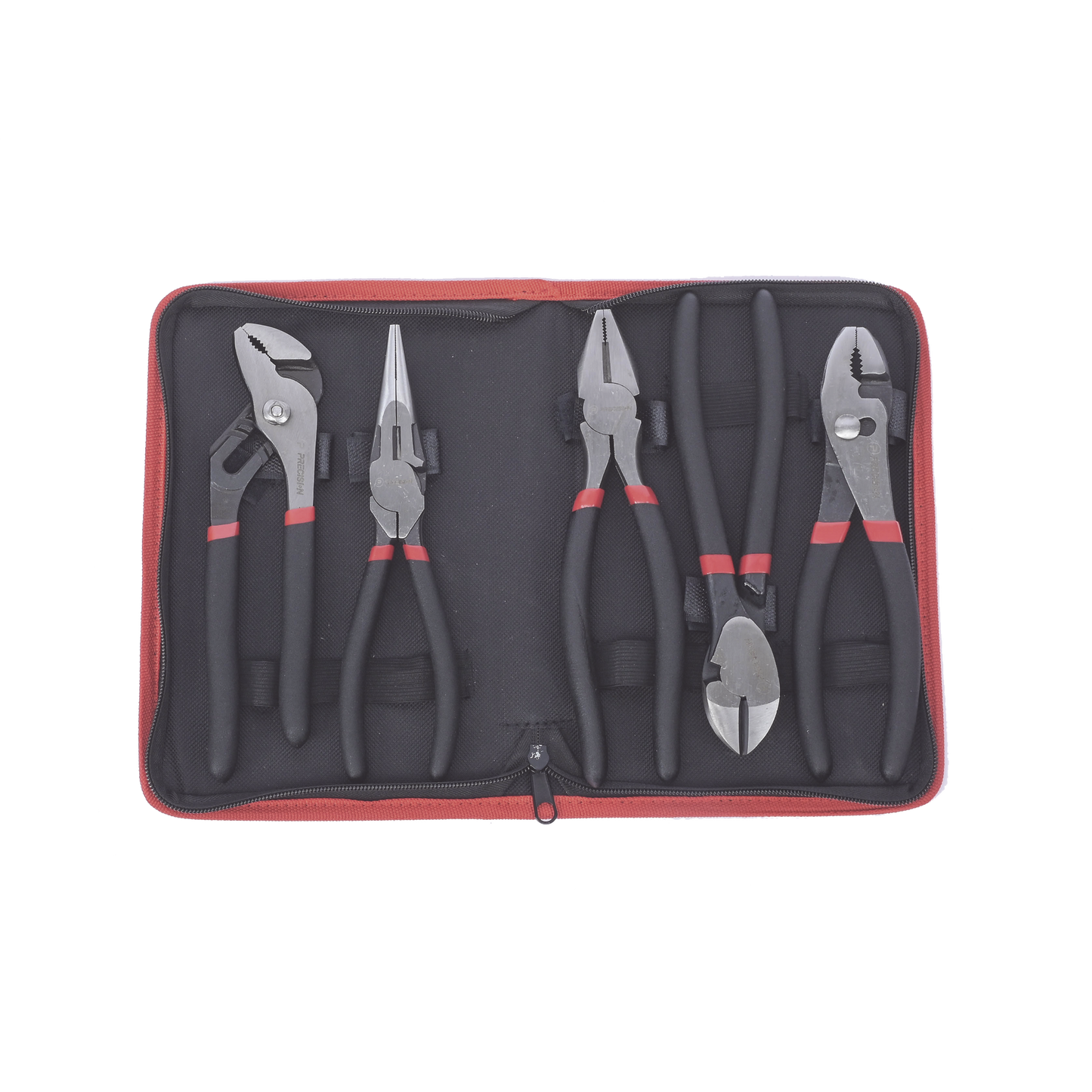 Juego de 5 Pinzas de 8" con Estuche. Incluye: P. MecÃ¡nica, P. para Tubo, P. ElÃ©ctrica, P. Corte, Nariz Larga.