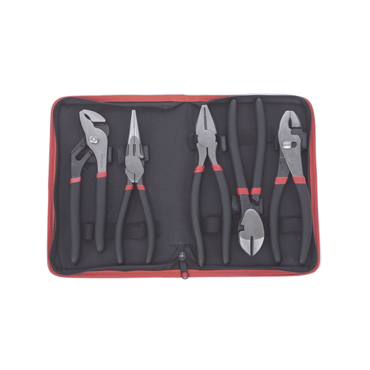 Juego de 5 Pinzas de 8" con Estuche. Incluye: P. MecÃ¡nica, P. para Tubo, P. ElÃ©ctrica, P. Corte, Nariz Larga.