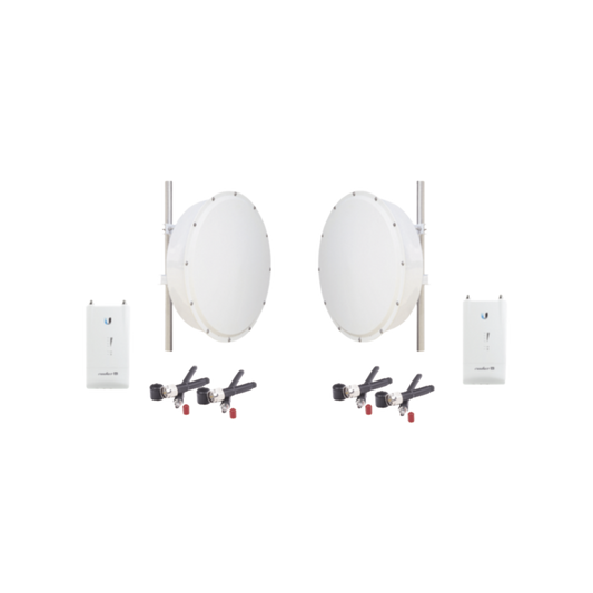 Kit de 2 radios R5ACLITE, 2 antenas de 30 dBi con rango de frecuencias (4.9-6.5 GHz), incluye jumpers y radomo, ideal para distancias de hasta 30km