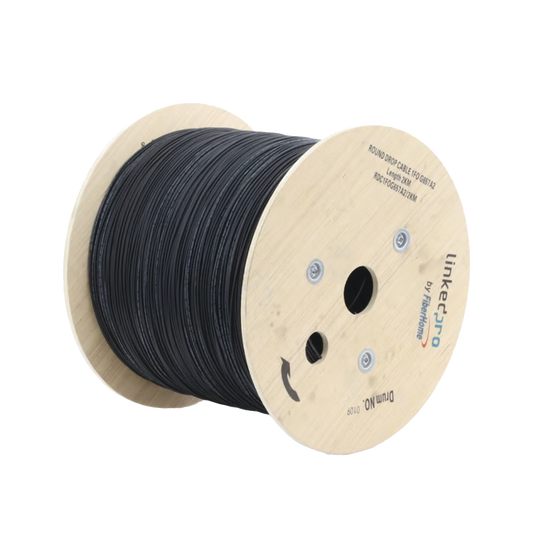 Carrete de 2 km de Fibra Ã“ptica AÃ©rea Tipo Drop Redonda (Figura 0) G.657A2, Monomodo, 1 hilo, forro de 3 mm