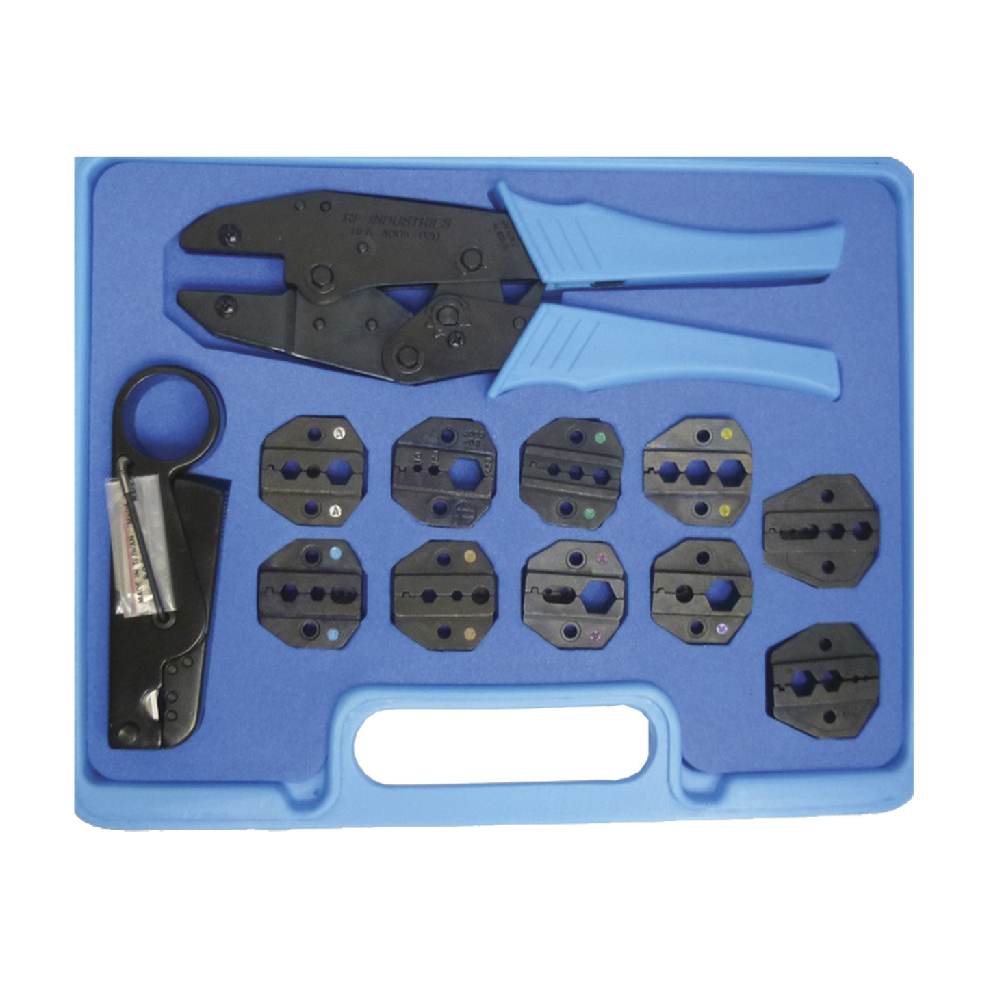 Kit en Estuche de PlÃ¡stico con 10 Muelas para Instalar Conectores en Cables Coaxiales, Pinzas RFA-4005-20 y Desforradoras de Cable.