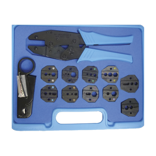 Kit en Estuche de PlÃ¡stico con 10 Muelas para Instalar Conectores en Cables Coaxiales, Pinzas RFA-4005-20 y Desforradoras de Cable.