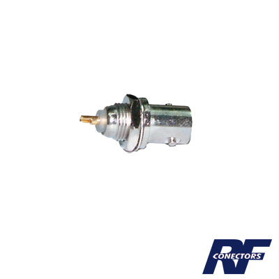 Conector BNC Hembra de Montaje Frontal D-Plano, Soldable, Rondana de Seguridad, NÃ­quel/ Oro/ Delrin.