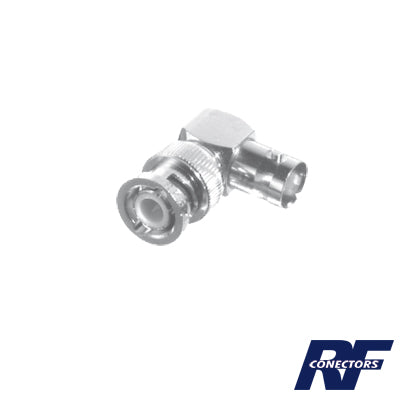 Adaptador en Ãngulo Recto, de Conector BNC Macho a BNC Hembra, 50 Ohm (Monitor), NÃ­quel/ Plata/ TeflÃ³n.