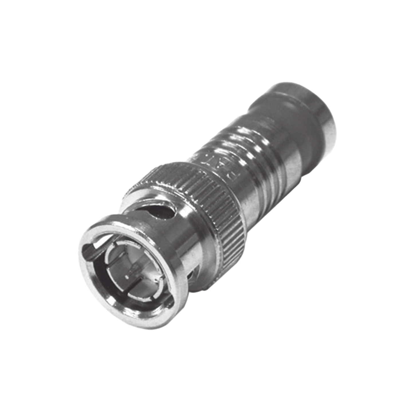 Conector BNC Macho de 75 Ohm, Montaje de CompresiÃ³n Axial para RG-59/U, NÃ­quel/ Oro/ TeflÃ³n.