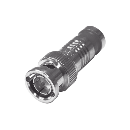 Conector BNC Macho de 75 Ohm, Montaje de CompresiÃ³n Axial para RG-59/U, NÃ­quel/ Oro/ TeflÃ³n.