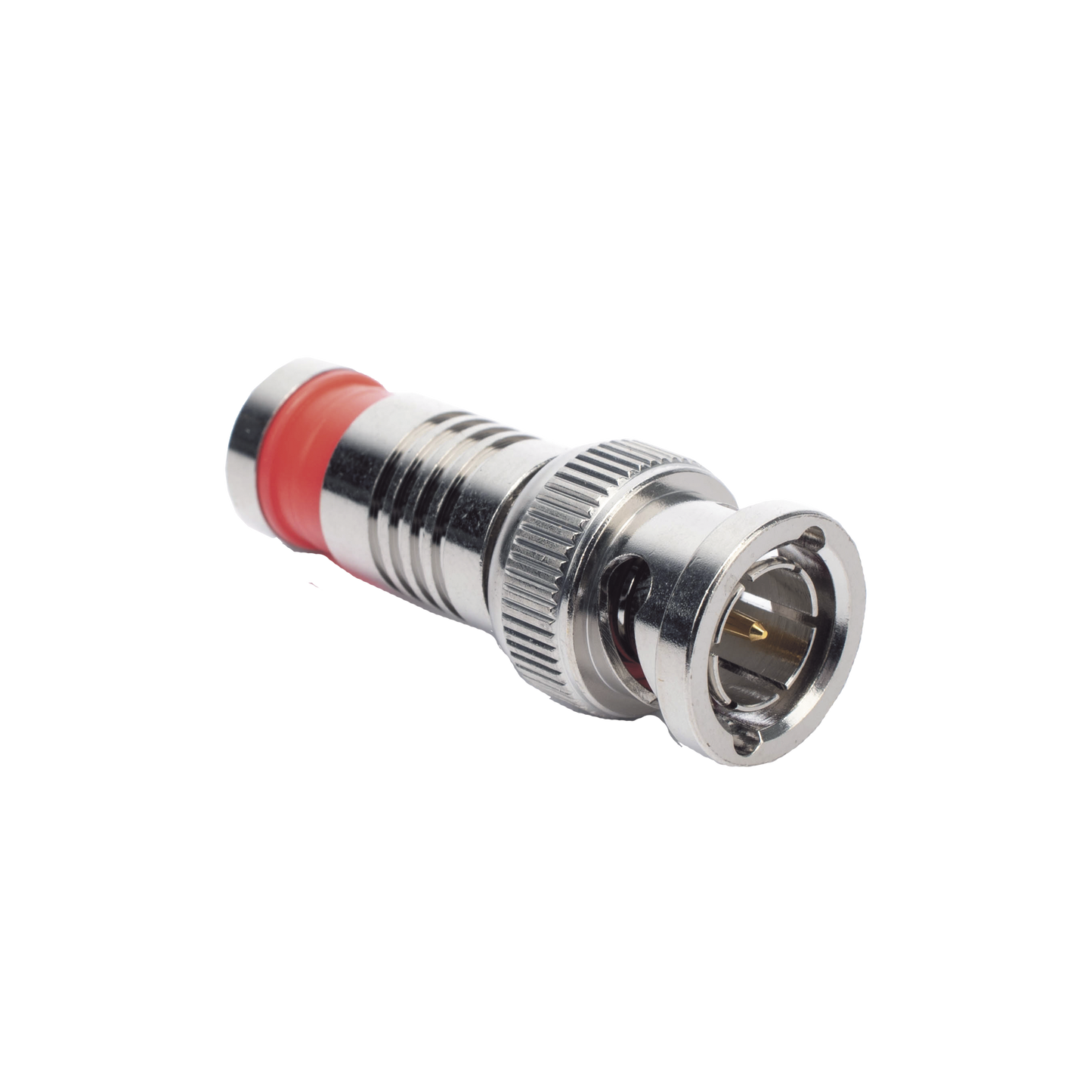 Conector BNC Macho en 75 Ohm, Montaje de CompresiÃ³n Axial para Cable Coaxial RG-6/U, NÃ­quel/ Oro/ TeflÃ³n.