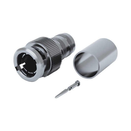 Conector BNC Macho de 75 Ohm, Anillo Plegable para BELDEN 8281 tipo RG-59/U, Plata/ Oro/ TeflÃ³n.