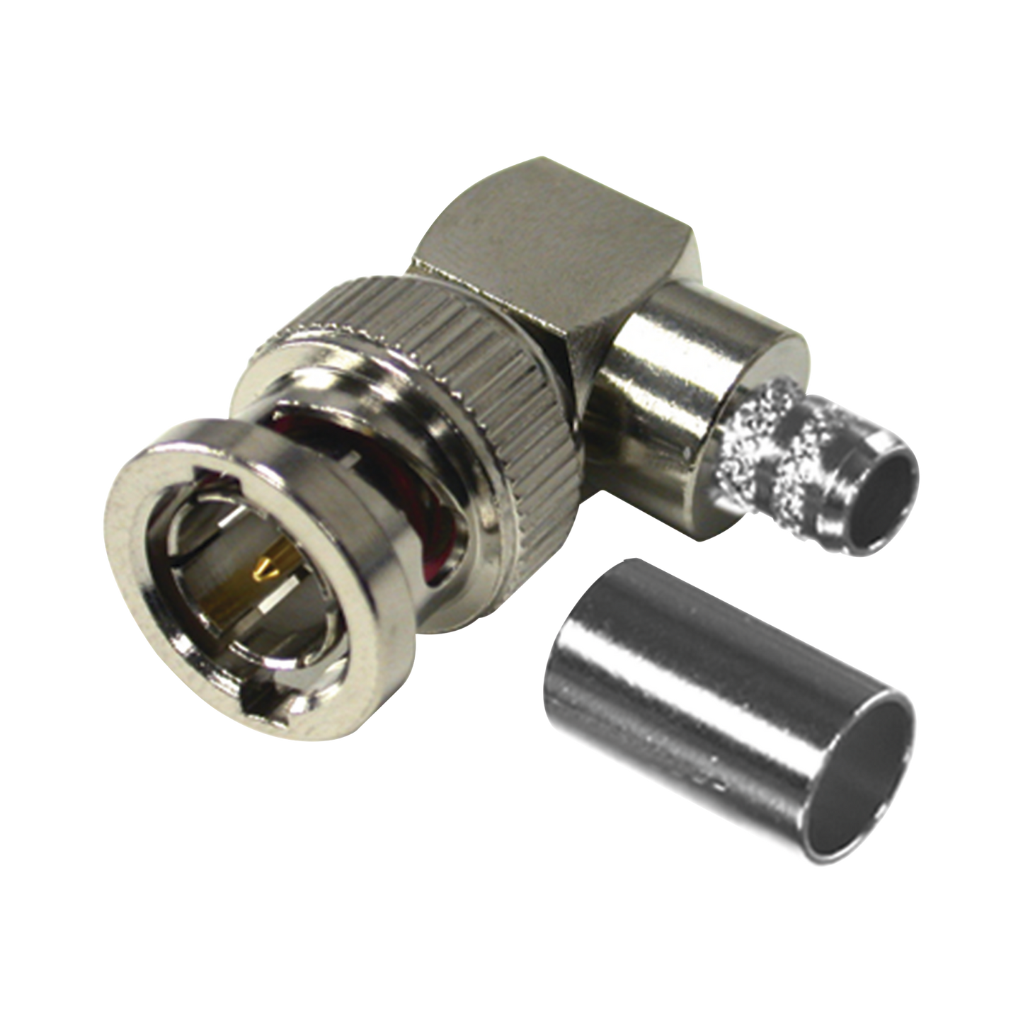 Conector BNC Macho en Ãngulo Recto para 75 Ohm, Anillo Plegable en Cable Coaxial RG-6/U, Grupo Q, NÃ­quel/ Oro/ TeflÃ³n.