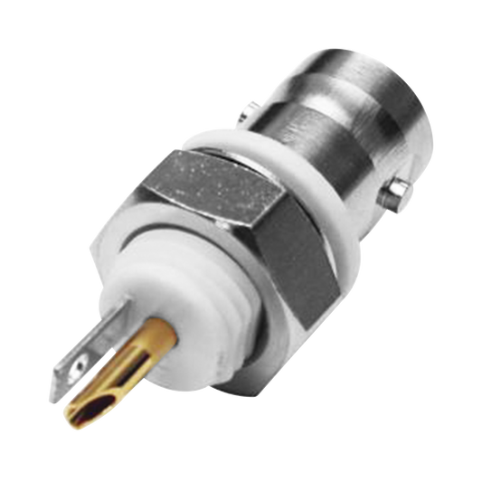 Conector BNC Hembra Aislado para Montaje en Panel Frontal en D-Plano, Soldable para Grupo I, NÃ­quel/ Oro/ TeflÃ³n.