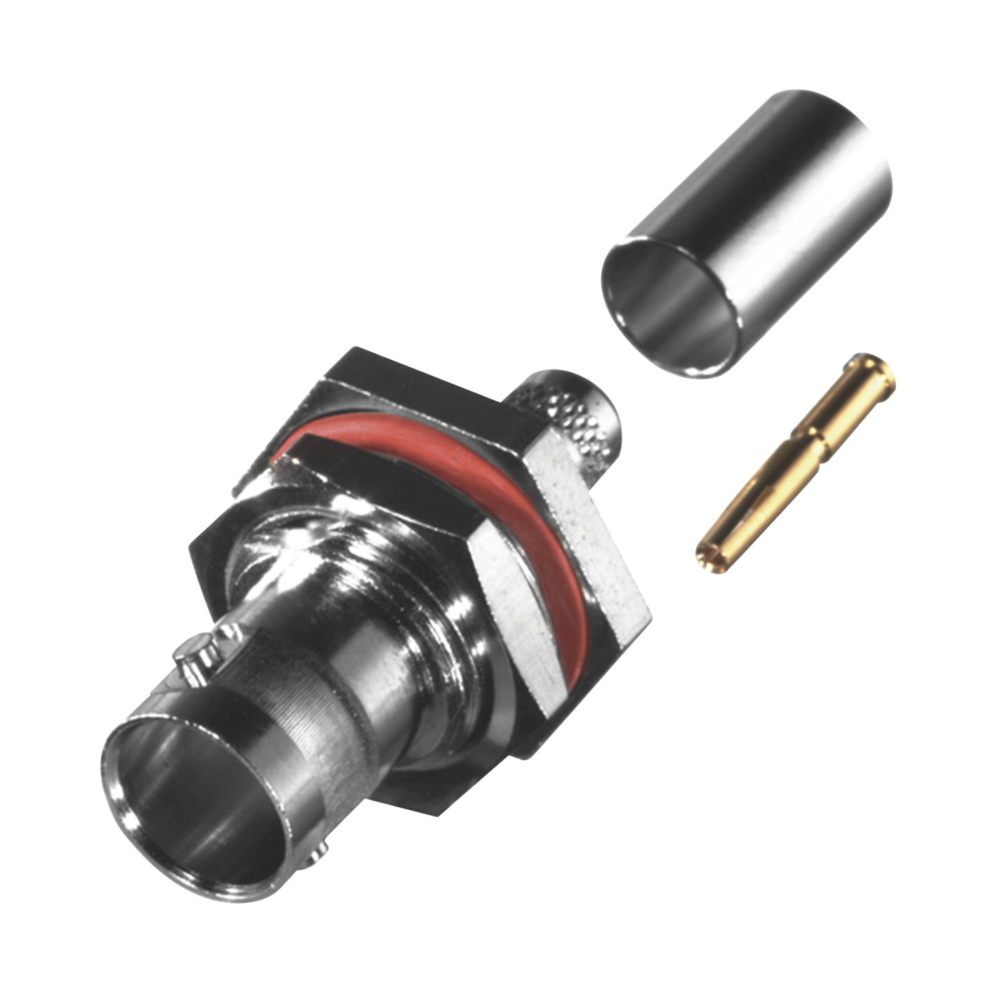 Conector BNC Hembra para Chasis en D-Plano con Aro de Goma, Anillo Plegable para RG-59/U, Grupo D, 75 Ohm, NÃ­quel/ Oro/ Delrin