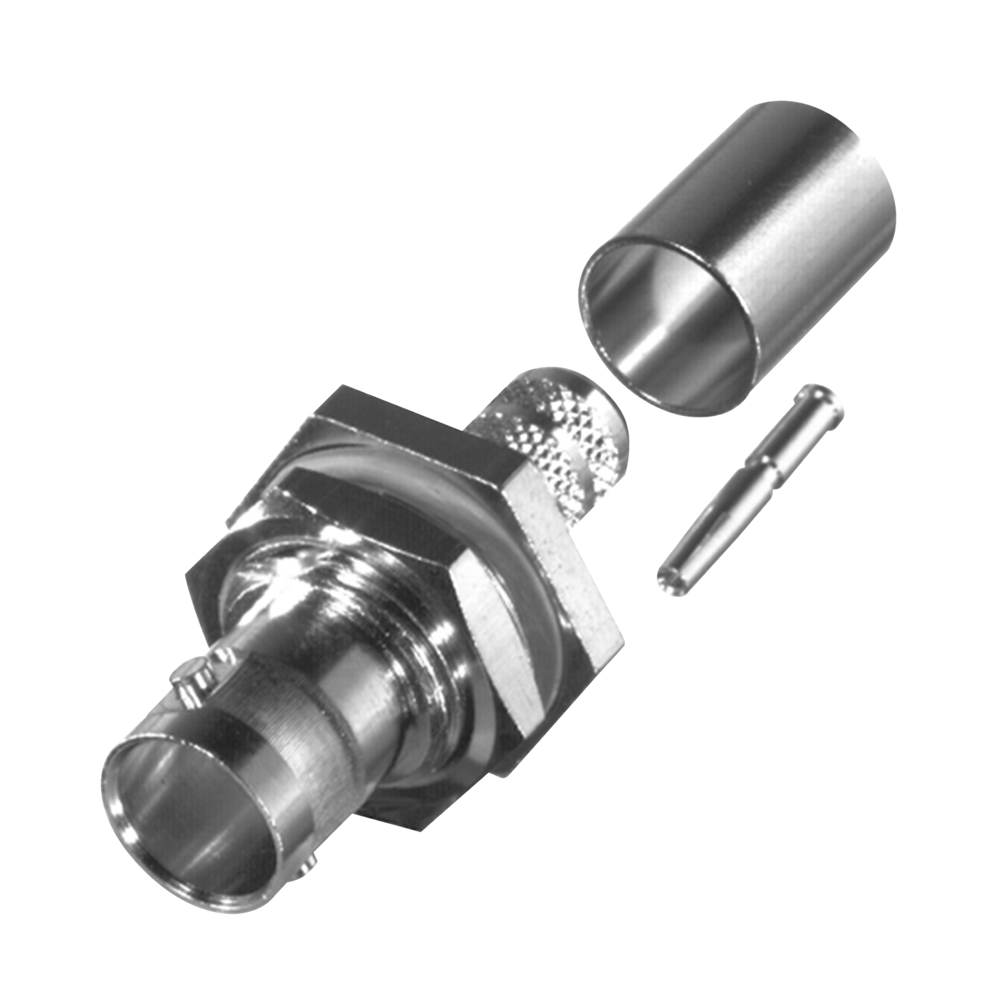 Conector BNC Hembra para Chasis en D-Plano con Aro de Goma, Anillo Plegable para RG-6/U y Grupo Q, 75 Ohm, NÃ­quel/ Oro/ TeflÃ³n.