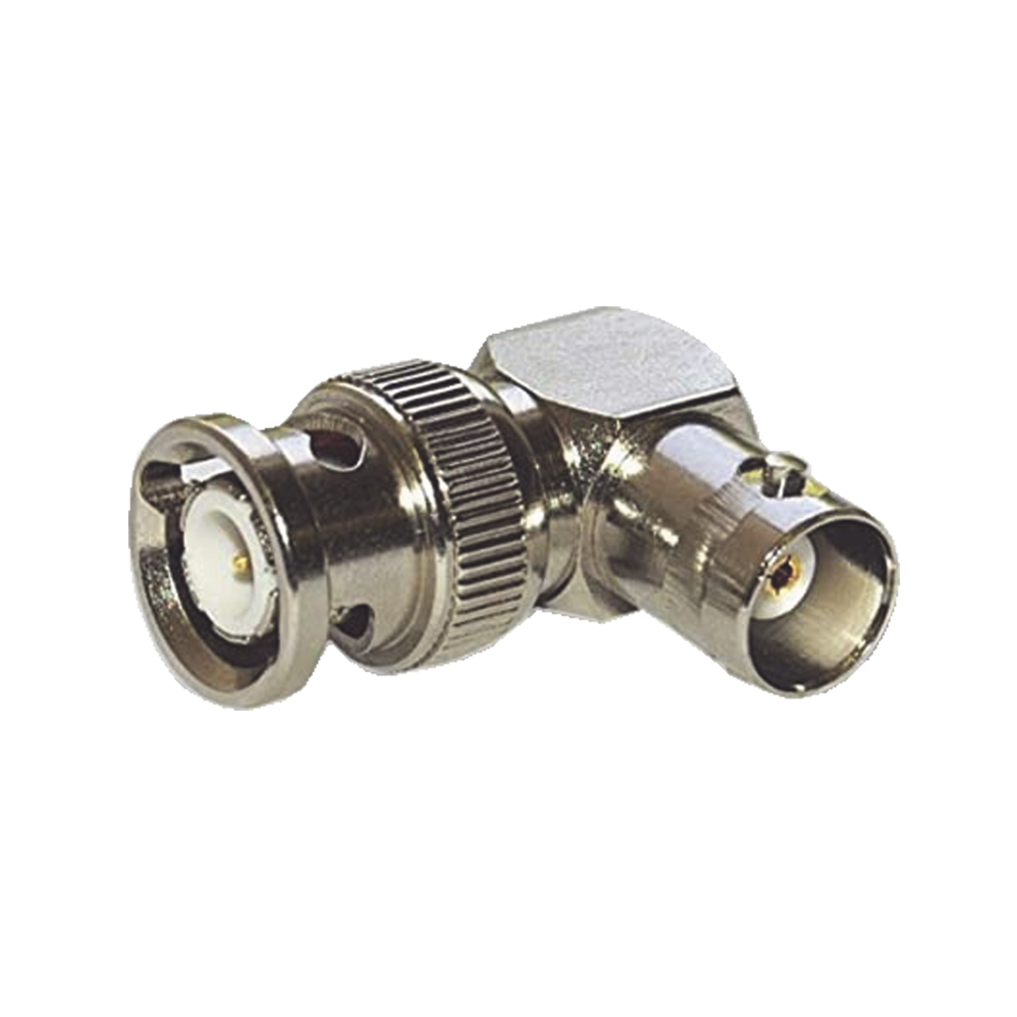 Adaptador en Ãngulo Recto para 75 Ohm, de Conector BNC Macho a BNC Hembra (Monitor), NÃ­quel/ Oro/ TeflÃ³n.