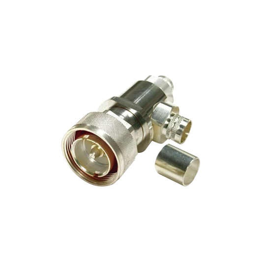 Conector DIN 7-16 Macho tipo COMBO, Recto o Ángulo Recto, de Anillo para LMR-600, Plata/ Plata/ Teflón.