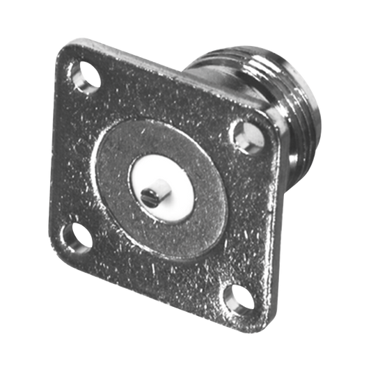 Conector N Hembra de Montaje en Panel Frontal de 4 Perforaciones a 18 mm. con Contacto Ranurado, Bronce Blanco/ Oro/ TeflÃ³n.