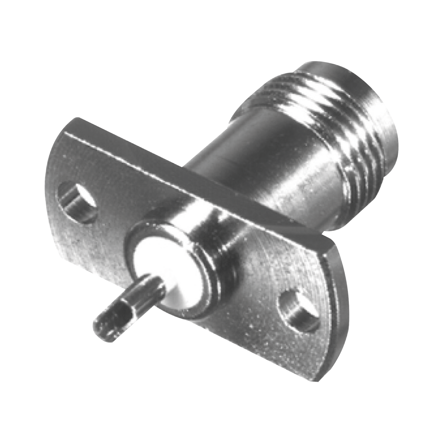 Conector TNC Hembra para Chasis de 2 Perforaciones de 18 mm, Terminal Soldable, NÃ­quel/ Oro/ TeflÃ³n.