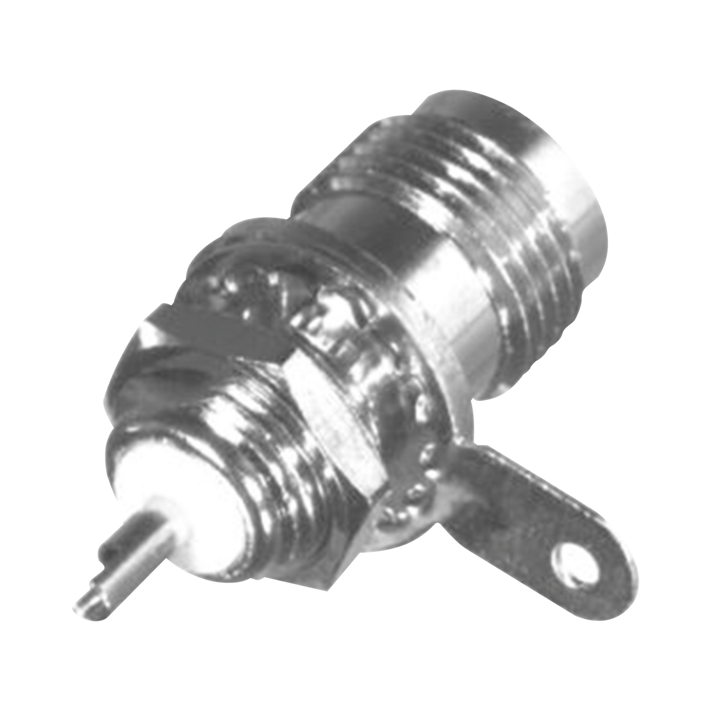 Conector TNC Hembra para Chasis, Montaje Frontal D-Plano, BeCu Soldable, NÃ­quel/ Oro/ TeflÃ³n.