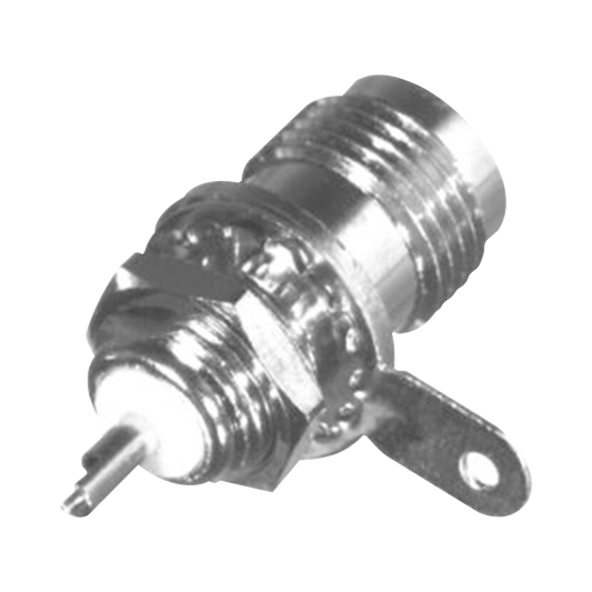 Conector TNC Hembra para Chasis, Montaje Frontal D-Plano, BeCu Soldable, NÃ­quel/ Oro/ TeflÃ³n.