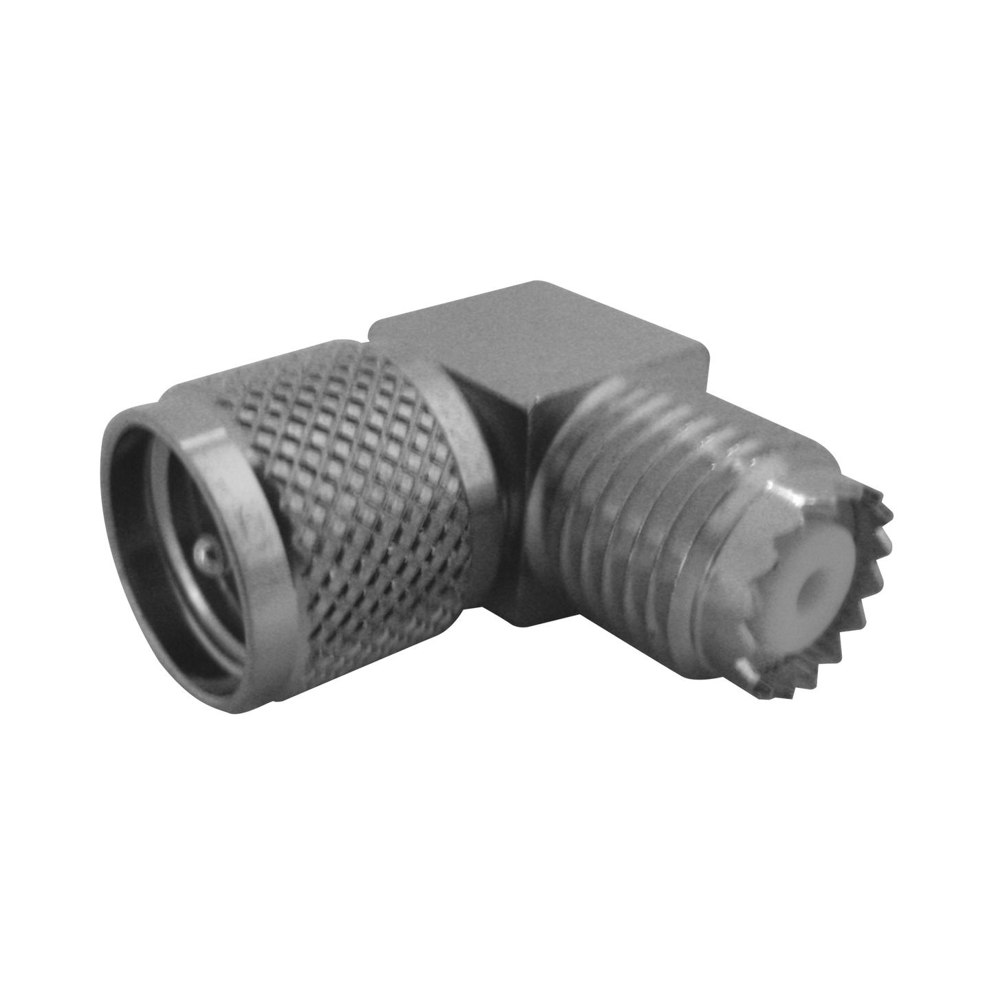 Adaptador en Ãngulo Recto, de Conector Mini UHF Macho a Mini UHF Hembra, Cuerpo Cuadrado, NÃ­quel/ EstaÃ±o/ TeflÃ³n.
