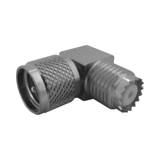 Adaptador en Ãngulo Recto, de Conector Mini UHF Macho a Mini UHF Hembra, Cuerpo Cuadrado, NÃ­quel/ EstaÃ±o/ TeflÃ³n.