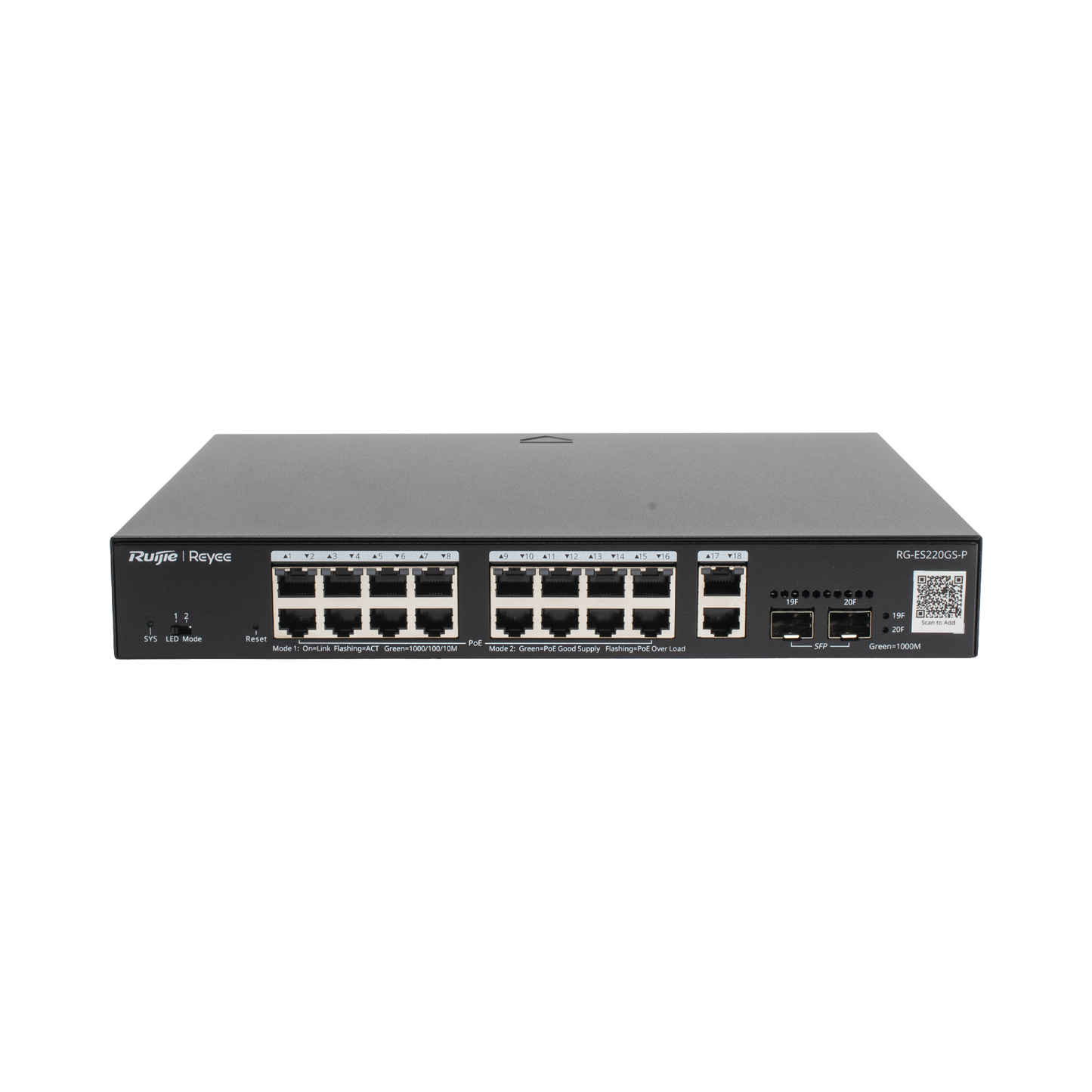 Switch L2 Administrable PoE con 16 puertos Gigabit PoE 802.3af/at + 2 SFP para fibra 1Gb, gestiÃ³n gratuita desde la nube, 240w
