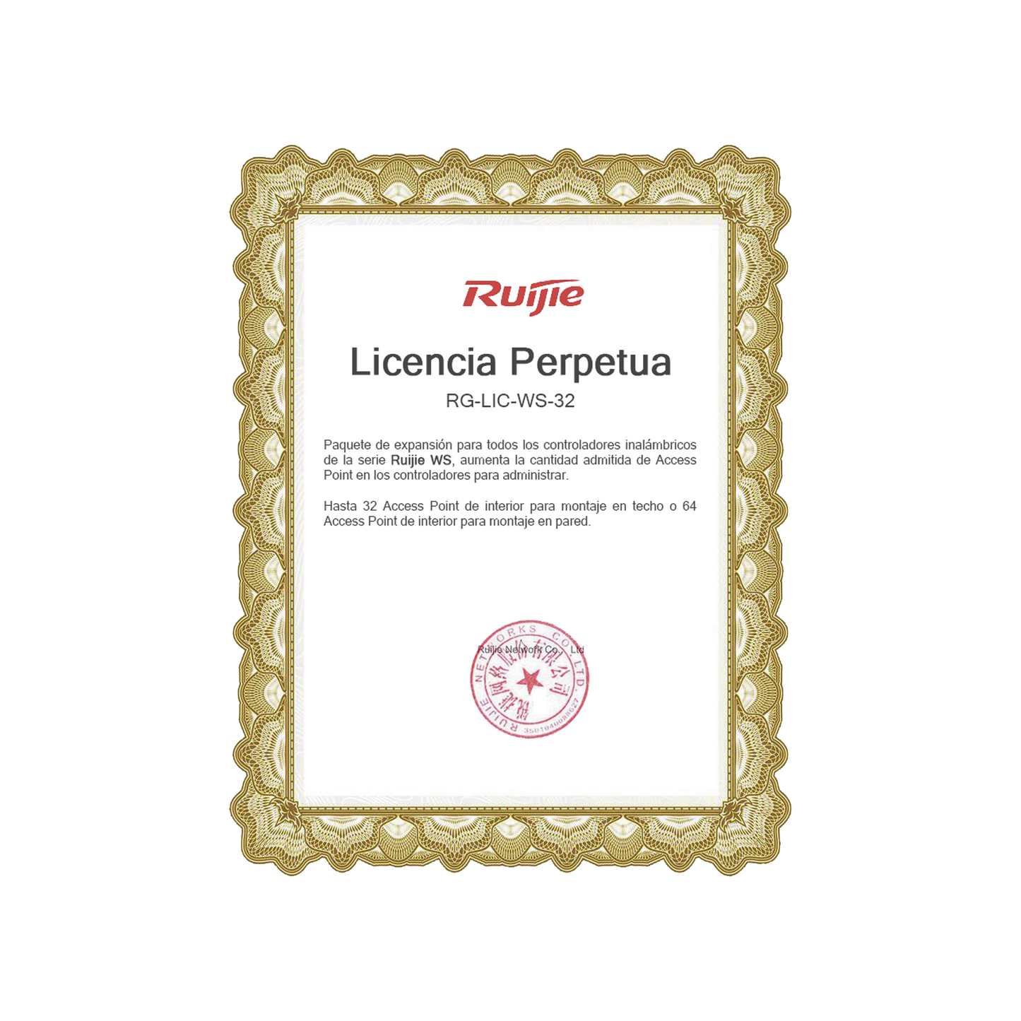 Paquete de expansiÃ³n para controladores inalÃ¡mbricos serie Ruijie WS hasta 32 APs interior en techo o 64 APs interior montaje en pared.
