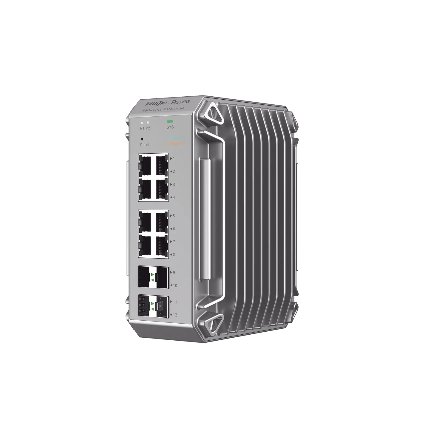 Switch Industrial PoE, Ideal para temperaturas Extremas y protecciÃ³n contra descargas, 8 Puertos Gigabit PoE 802.3 af/at, 4 Puertos SFP Administrable Cloud