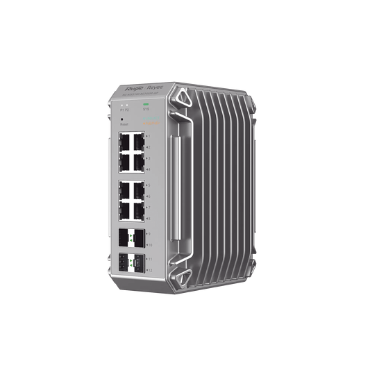 Switch Industrial PoE, Ideal para temperaturas Extremas y protecciÃ³n contra descargas, 8 Puertos Gigabit PoE 802.3 af/at, 4 Puertos SFP Administrable Cloud