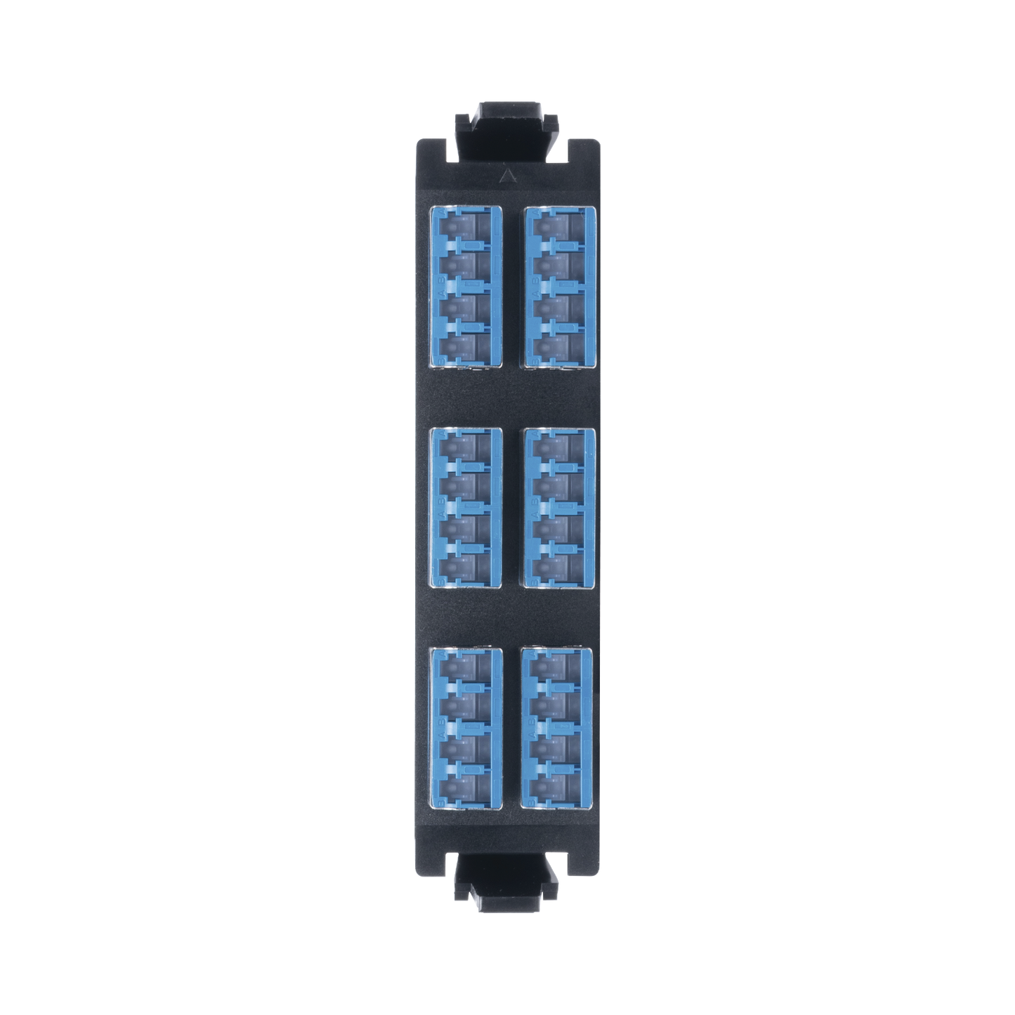 Placa acopladora de Fibra Óptica Quick-Pack, Con 6 Conectores LC/UPC con conectores "Shuttered" Quad (24 Fibras), Para Fibra Monomodo, Azul, incluye tapas cubre polvo abatibles integradas por cada conector.