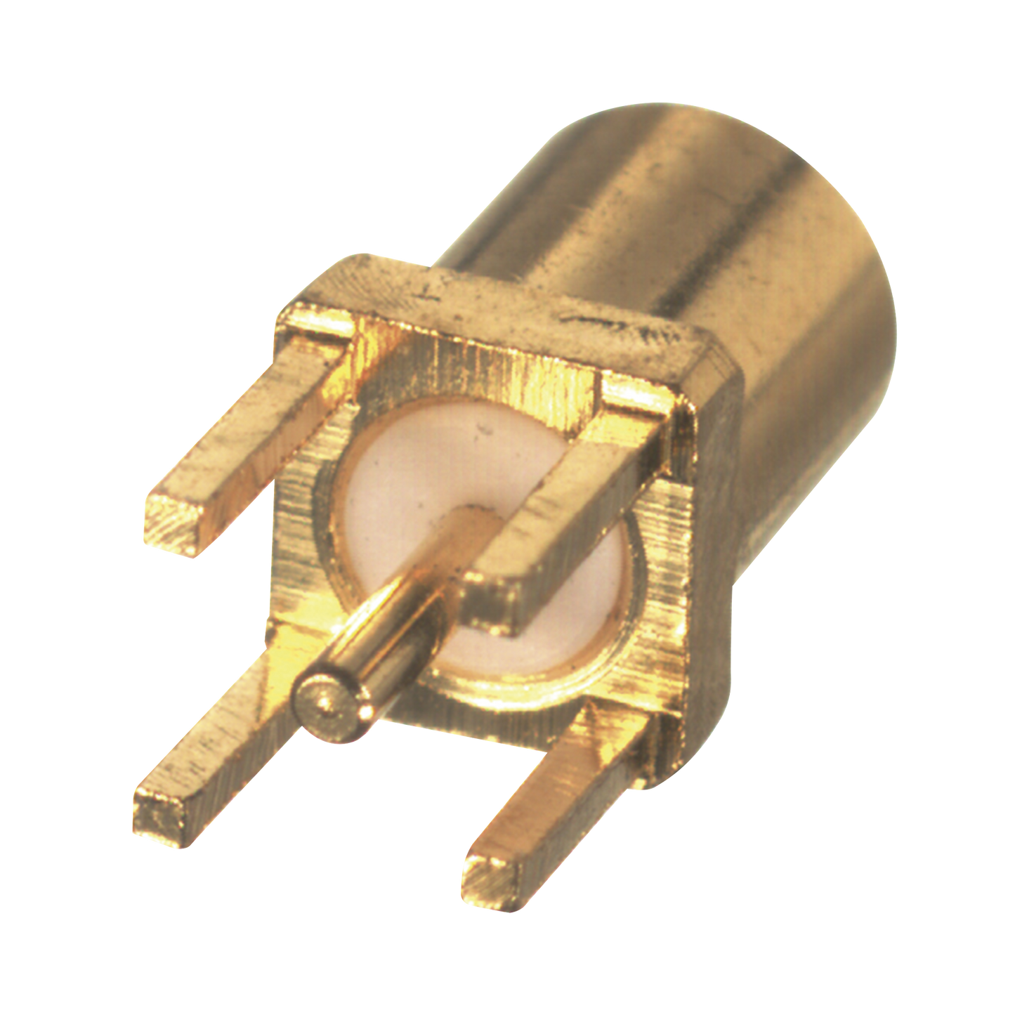 Conector MMCX Hembra para Montaje Vertical con 4 Patas y Terminal para soldar en PCB, Oro/ Oro/ TeflÃ³n.