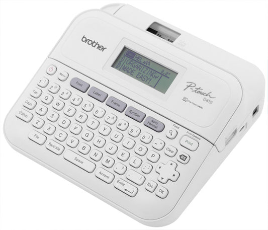 Rotulador Brother P-touch PTD410, transferencia térmica, USB, teclado qwerty, adaptador AC, imprime etiquetas laminadas de hasta 18 mm de ancho