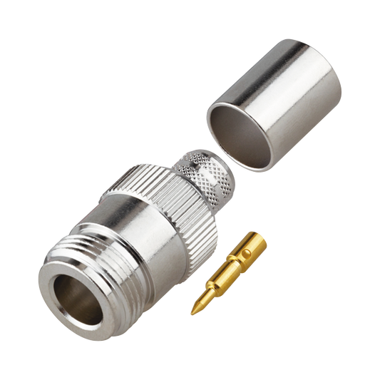 Conector N Hembra Inverso de Anillo Plegable para Cables 9913, RG-8/U, LMR-400, Grupo I, NÃ­quel/ Oro/ TeflÃ³n.