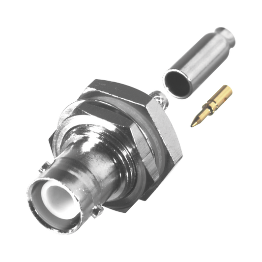 Conector BNC Hembra Inverso de Montaje Trasero en Panel, D-Plano, HermÃ©tico de Anillo Plegable para RG-174/U, NÃ­quel/ Oro/ TeflÃ³n.