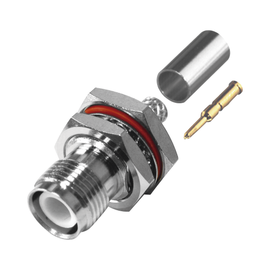 Conector TNC Hembra Inverso de Montaje Trasero en Panel, D-Plano, ChaflÃ¡n en Rosca a 45 Grados, HermÃ©tico de Anillo Plegable para RG-58/U, NÃ­quel/ Oro/ TeflÃ³n.
